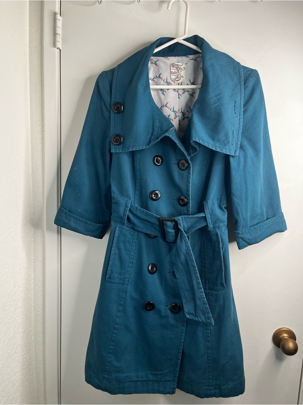 Tulle Teal Double-Breasted Trench Coat with Belt L Pockets Retro *See pics